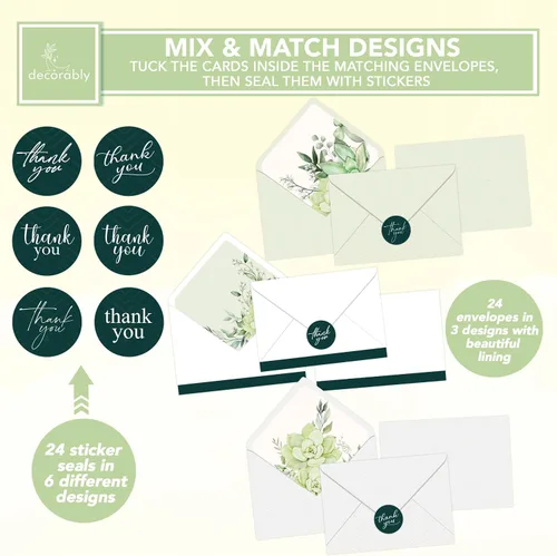 Miniatura 4 de Decorably Paquete de 24 tarjetas de agradecimiento verdes de 6 x 4 pulgadas con sobres y calcomanías, 6 diseños elegantes para amigos, familiares