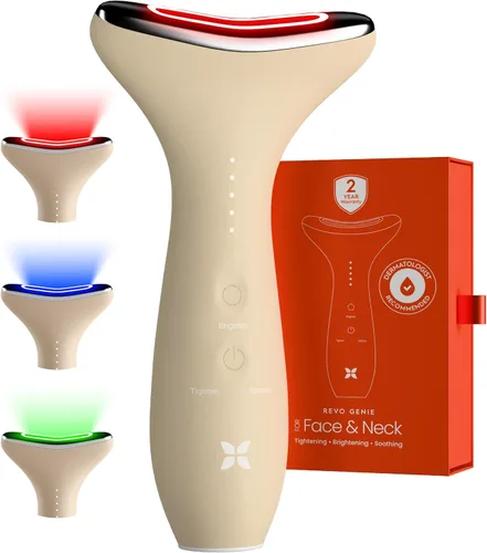 REVO Genie Masajeador facial para cara y cuello, dispositivo de belleza LED con calor y vibración, herramienta de escultura con modos de luz roja,