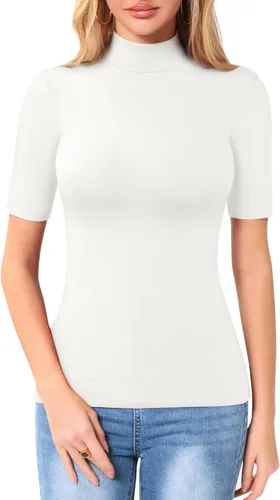 Miniatura 2 de MANGOPOP Camiseta de manga corta de 34 con cuello alto falso para mujer, corte ajustado, media codo