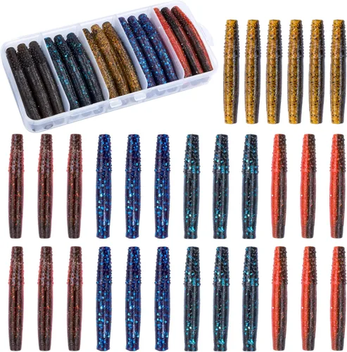 Soft Plastic Worm Fishing Lures Kit, Finesse TRD Stick Worms and Ned Rig Baits with Jig Heads for Bass Fishing, Freshwater Bass Soft Baits Mezcla de