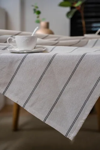 Miniatura 5 de ArtBud Manteles de Lino de Algodón Boho Estilo Granja Tela Pesada Cubierta de Mesa Arpillera a Rayas Lavable Superficie de Mesa para Fiestas Café