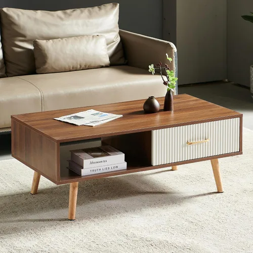 Miniatura 14 de Mesa de centro moderna de mediados de siglo con almacenamiento, mesa rectangular de madera de 41.3 pulgadas con panel de puerta deslizante de ratán