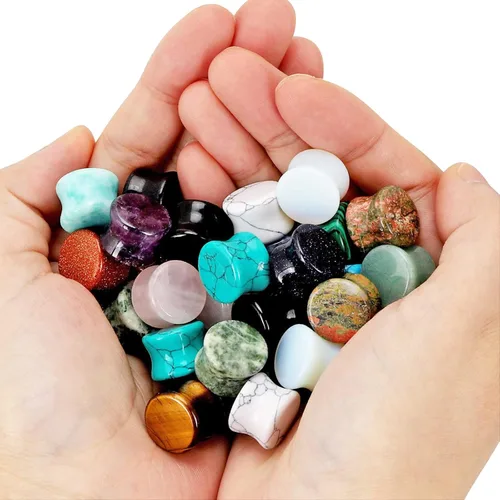 Miniatura 15 de Qmcandy - Juego de 6 pares / 16 pares de dilatadores para las orejas, de piedra mixta, expansores, conjunto de perforación corporal calibre 8G a 3/4