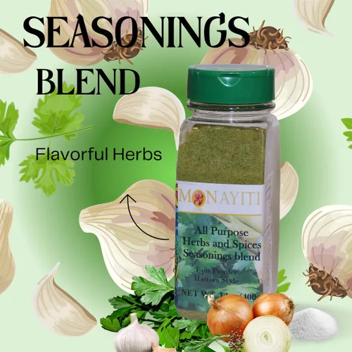 Miniatura 9 de Monayiti Epis Haitian Style Seasoning 14oz (400g). Condimentos en polvo. Mezcla de perejil, cebolla, ajo, base de pollo, sal, especias. No vegano.