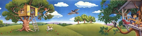 CONCORD WALLCOVERINGS ™ Papel tapiz infantil con borde para niños, casas de árboles, perros para sala de juegos, dormitorio, verde, azul, blanco,