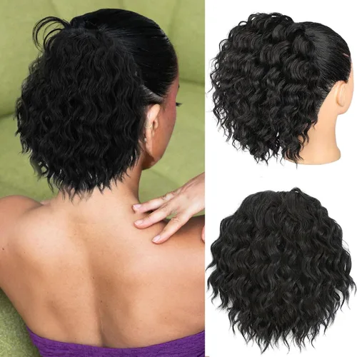 Matriarchs Extensión de cola de caballo corta y rizada con cordón para mujer, pieza de cabello sintético largo afro rizado esponjoso para uso diario