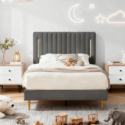 Miniatura 12 de Furnify Armazón de Cama de Plataforma Twin, Marco de Cama Tapizado en Terciopelo con Cabecera Ajustable de Canal Vertical, Ribete de Enchapado
