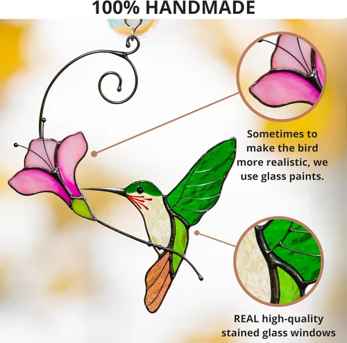 Miniatura 2 de Colgante de ventana de vidrio de colores multicolor Colibrí hecho a mano Atrapasol de vidrio auténtico Colgantes de ventana de vidrio pintado único