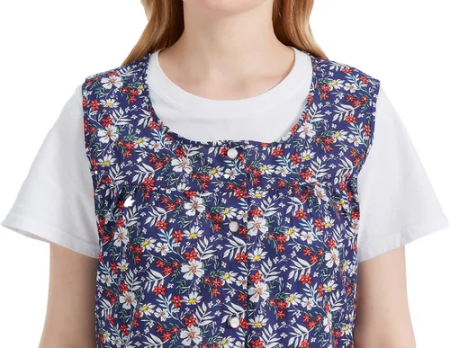Miniatura 7 de Nanxson Delantal de zapatero para mujer con 2 bolsillos de parche, babero estampado de algodón, bata con botones para cocina de chef de trabajo