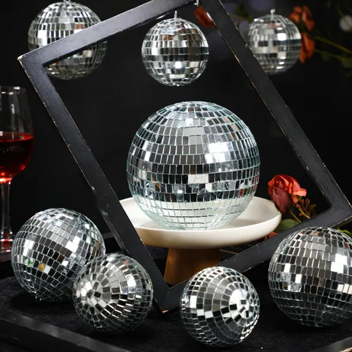 Miniatura 2 de Haull - Set de 8 bolas de discoteca grandes, bolas de espejo plateadas y reflectantes con anillo para colgar, ornamento para fiesta, decoración