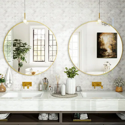 Miniatura 7 de VooBang - Espejo redondo dorado de 16", espejo circular de pared con marco de metal simple, moderno para baño, dormitorio, entrada