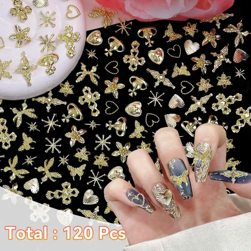 Miniatura 3 de 120 dijes de uñas dorados, corazón de estrella de metal 3D, flores de cruz dorada y dijes de la Virgen María para uñas acrílicas, accesorios