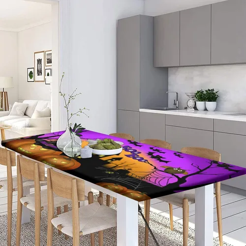 Miniatura 2 de Mantel ajustable para mesa y banco de pícnic de Halloween, diseño de fantasma, impermeable, 28 x 72 pulgadas, juego de 3 piezas, mantel ajustable al