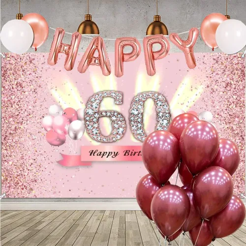 Miniatura 4 de Decoraciones de cumpleaños número 60 para mujer, cartel de fondo de feliz cumpleaños, cartel de tela para fiesta de aniversario de 60 años, póster