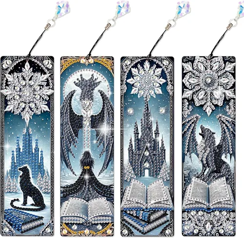 Miniatura 14 de Juego de 4 piezas de pintura de diamante, marcapáginas de mandala, de cuero, para manualidades, pintura de cristal con forma especial 5D por números