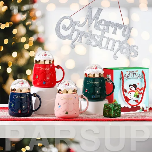 Miniatura 7 de Taza navideña PARSUP, lindas tazas de té de cerámica con tapa de Santa, taza novedosa para leche, café, chocolate caliente, regalo para mujeres