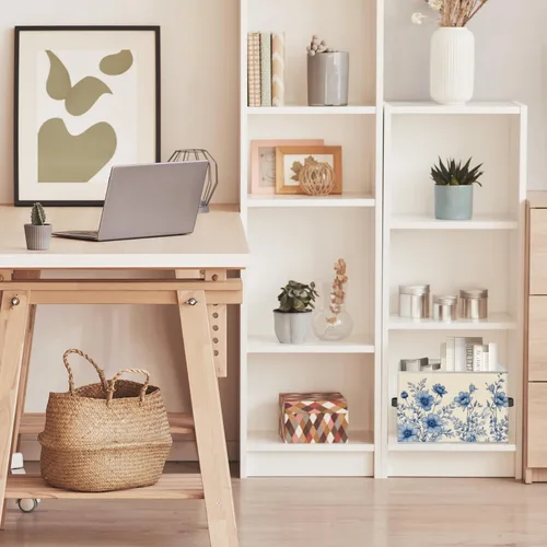 Miniatura 4 de Caja de Almacenamiento Floral Rústica Azul y Blanca con Asas, Canasta Organizadora Plegable Botánica de Flores Grandmillennial Caja de Juguetes