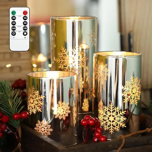 Velas LED sin llama de copo de nieve con control remoto y temporizador, velas de vidrio electrochapado operadas por batería, velas LED parpadeantes