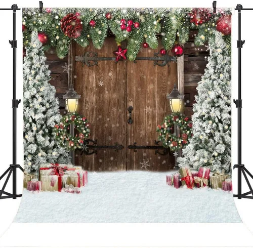 Miniatura 3 de Lofaris Telón de fondo de Navidad de invierno, telón de fondo para fotografía de Navidad, telón de fondo rústico de granero de madera, puerta