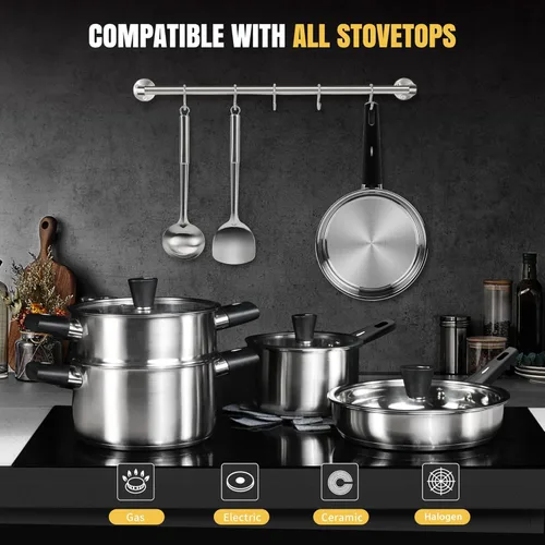 Miniatura 7 de Meythway - Juego de 14 piezas de utensilios de cocina de acero inoxidable para estufas de inducción – Ollas y sartenes no tóxicas con mangos