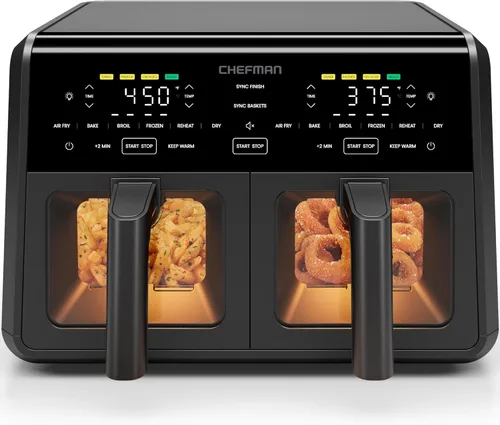 Chefman Horno freidora de aire doble con motor de CC, freidora de aire de doble cesta de 9 cuartos de galón con temperatura máxima de 450 °F para