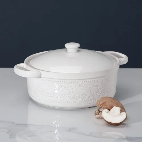 Miniatura 2 de FUN ELEMENTS - Cazuela, 2 cuartos de galón, plato con relieve de encaje con tapa, de cerámica para ir del horno a la mesa, asas redondas para servir