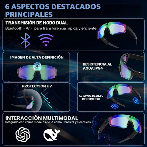 Miniatura 2 de Gafas de cámara AI Pro de 32 MP – Gafas de grabación con estabilización EIS de 6 ejes, asistente de voz ChatGPT, impermeable IP56, cancelación