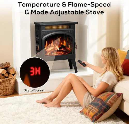Miniatura 5 de ZAFRO Chimenea eléctrica independiente de 21 pulgadas con control remoto, calentador de espacio de chimenea con color de llama ajustable y brillo