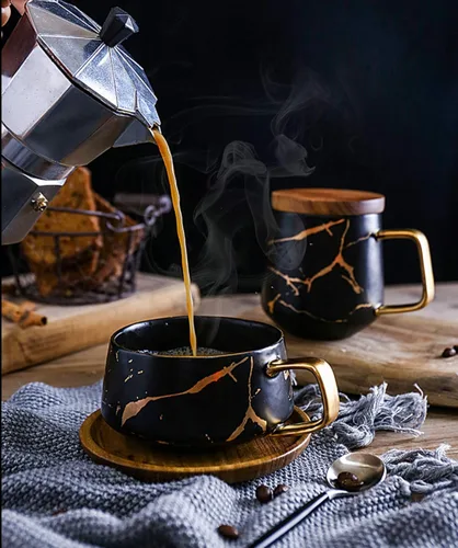 Miniatura 5 de Jusalpha Juego de taza de té de 10 oz con impresión de mano dorada y platillo/Juego de taza de café y platillo de bambú TCS19 (Negro)