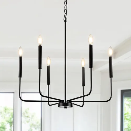 Lámpara de araña negra, moderna lámpara de comedor de granja de 6 luces con cadena, accesorios de iluminación colgantes de metal, luces de comedor