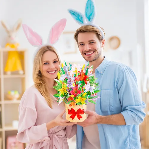 Miniatura 4 de GREETING ART Tarjeta desplegable de Pascua, diseño de ramo de conejo de cruz de lirio colorido 3D, tarjetas de felicitación de ramo de Pascua 3D