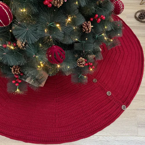 Miniatura 15 de Falda de árbol de Navidad de punto acanalado de 36 pulgadas con botones de roble, borgoña