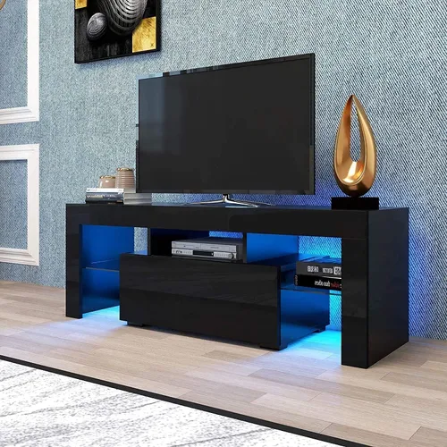 Miniatura 2 de Soporte de TV para televisores de más de 55 pulgadas, soporte de TV negro con cajón de almacenamiento, centro de entretenimiento LED para consola
