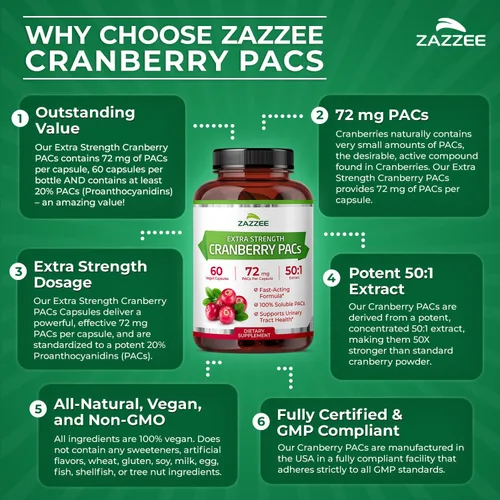 Miniatura 5 de Zazzee - Ácidos Alfa-Cianoacrílicos de Arándano, 72 mg de PACs por cápsula, 2X de fuerza, 100% soluble, 60 cápsulas veganas, extracto 50:1, 18,200