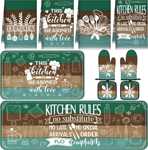 Fourluoo Juego de 10 piezas de decoración y accesorios de cocina de granja, 4 toallas de cocina, 2 soportes para ollas, 2 guantes de horno, 2 Verde