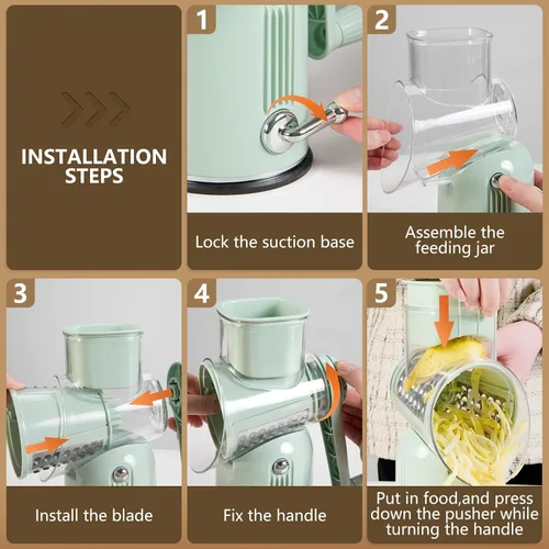 Miniatura 4 de Rallador rotativo de queso con mango triturador de verduras con 5 cuchillas intercambiables, rebanador y picador de alimentos de cocina con base