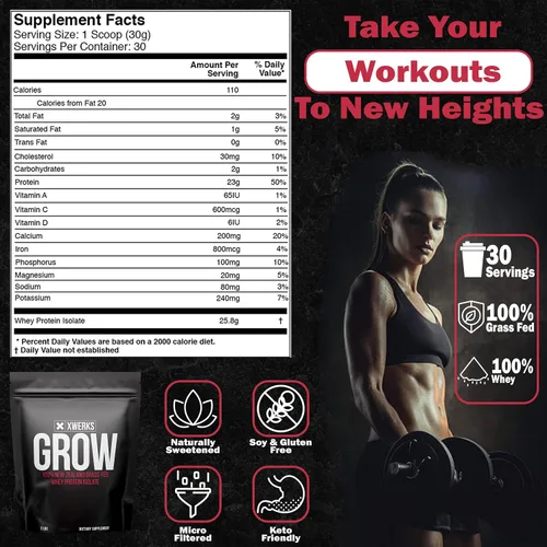 Miniatura 4 de Xwerks Grow Whey Protein en polvo, 0.88 oz de proteína aislada pura de vacas alimentadas con pasto de Nueva Zelanda, construye fuerza y acelera