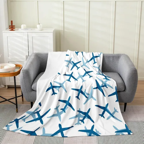 Castle Fairy Manta de forro polar Sherpa con estampado de aviones para niños, manta de franela de dibujos animados para sofá, avión, azul y blanco,