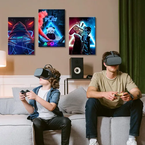 Miniatura 2 de Lienzo enmarcado de 3 piezas para sala de juegos, arte decorativo de pared, lienzo de videojuegos, lienzo de neón, impresión de póster para niños