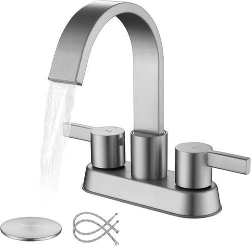 Miniatura 8 de SUS304 - Grifos de baño negro mate para fregadero de 3 agujeros, 4 pulgadas, grifo de cascada con drenaje emergente y 2 mangueras de suministro