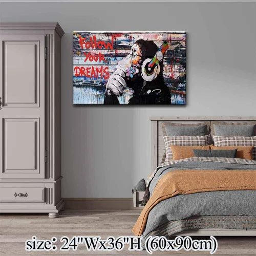Miniatura 5 de Lienzo enmarcado de Banksy Graffiti para pared, póster de mono con auriculares, impresiones de pintura callejera, arte pop para sala de estar, listo