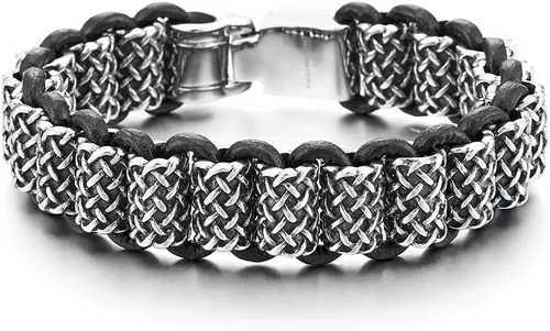 COOLSTEELANDBEYOND Masculine - Pulsera de malla con nudo de acero para hombre, estilo vintage, con eslabones y cuero negro, para motociclista,