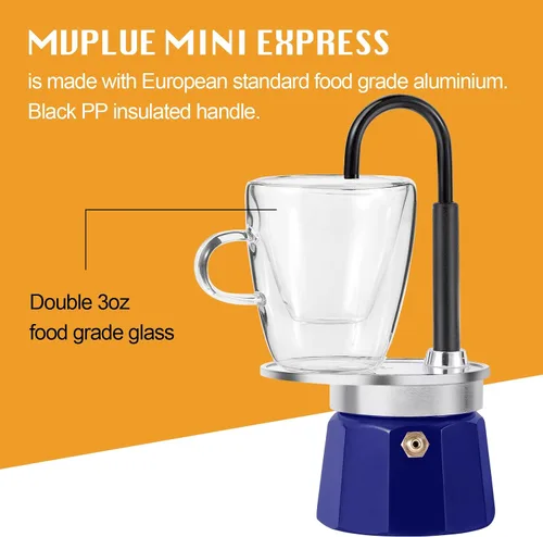 Miniatura 4 de Mini Express Swiss Single Tube Moka Pot Aluminio Azul, El juego de moka incluye una taza de doble pared de 3 onzas, disfruta de un delicioso café