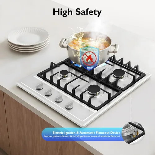 Miniatura 3 de Placa de cocina de gas integrada de 23 pulgadas, estufa de acero inoxidable de 4 quemadores, para conversión de gas natural y propano GLP, aparato