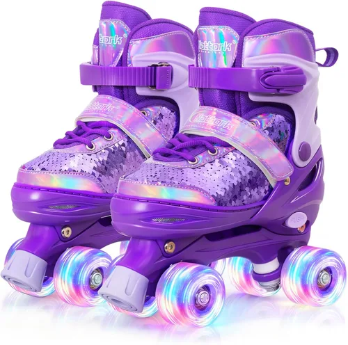 Miniatura 7 de Nattork Patines de ruedas para niños y niñas, 4 tamaños ajustables, patines cuádruples con lentejuelas y todas las ruedas iluminadas para niños