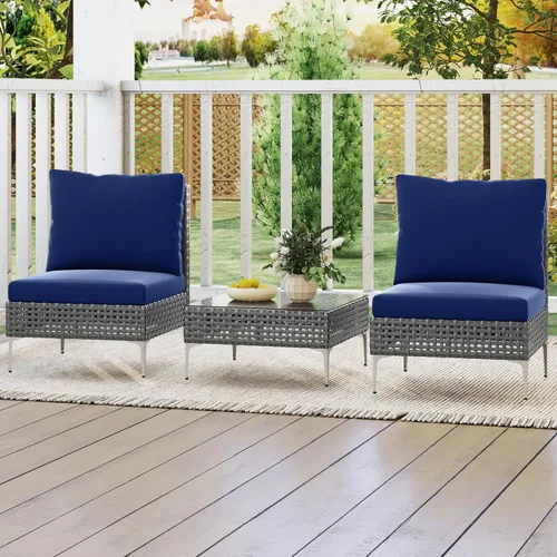 Miniatura 2 de Tangkula Juego de muebles de patio de 3 piezas, sillas de conversación de ratán PE con mesa de centro de vidrio templado, respaldo suave y cojines