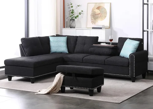 Miniatura 10 de EMKK Sofá modular de 3 piezas, juego de muebles de sala de estar, sofá esquinero tapizado de 5 plazas en forma de L, 1 diván gris oscuro