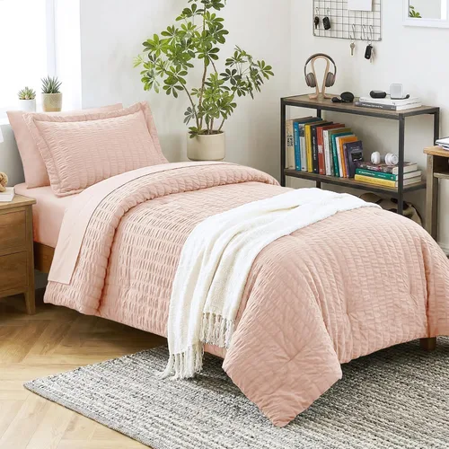 Miniatura 60 de CozyLux Juego de ropa de cama con edredón tamaño King Beige Seersucker de 7 piezas, juego de cama en una bolsa, con edredón, sábanas, fundas