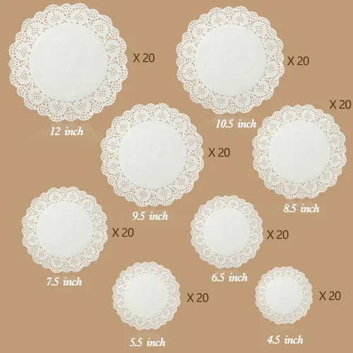Boao Doilies de papel blanco para decoración de mesa de bodas y vacaciones, 160 piezas de varios tamaños redondos de encaje para mesas de postre,