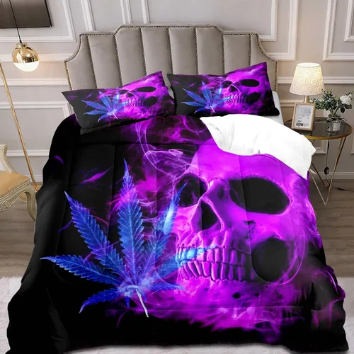 Miniatura 9 de LUVIVIHOME Juego de edredón de 3 piezas de calavera, tamaño King, negro, cuervo, murciélago, telaraña, esqueleto, gótico, calavera, blanco
